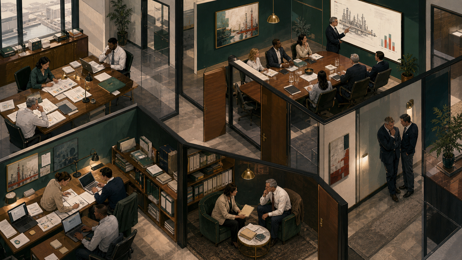 An illustrated office floor with connected rooms and teams at work.